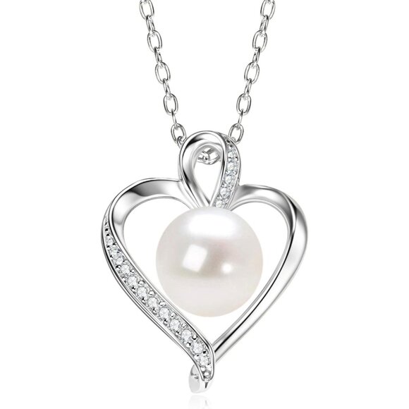 Silver Infinity Heart Pearl Necklace with Moissanite and 925 Sterling Silver Cha